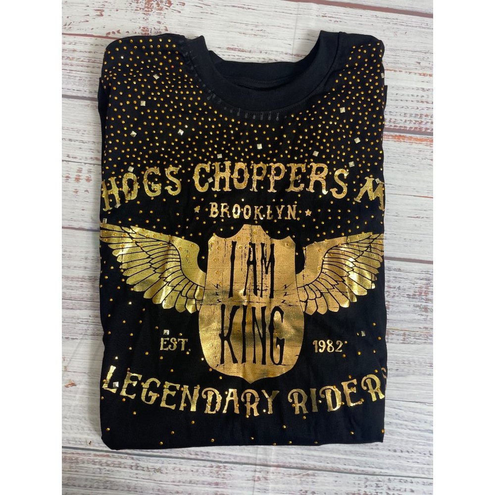 Switch Remarkable Hogs Choppers Legendary Riders '"I Am‎ King" Gold Sequin Shirt